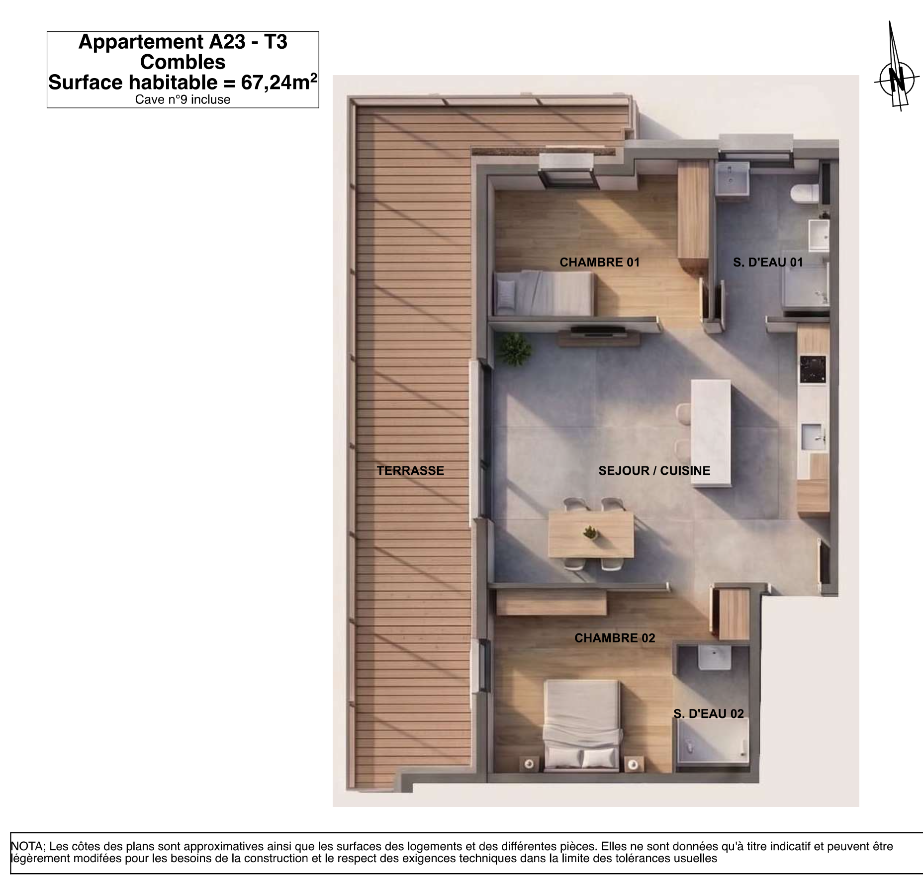 Appartement neuf de 3 pièces 67,24 m2 avec une terrasse