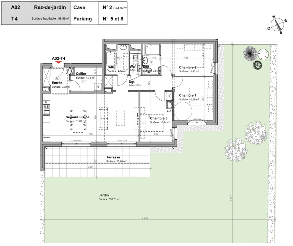 À VENDRE   « Le Panorama »  T4 neuf de 88,89 m2   Rez-de-jardin   335,51 m2 de jardin privatif